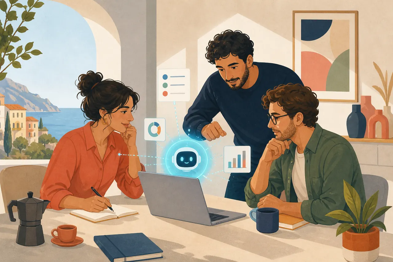 Team di una piccola impresa che collabora con un assistente AI